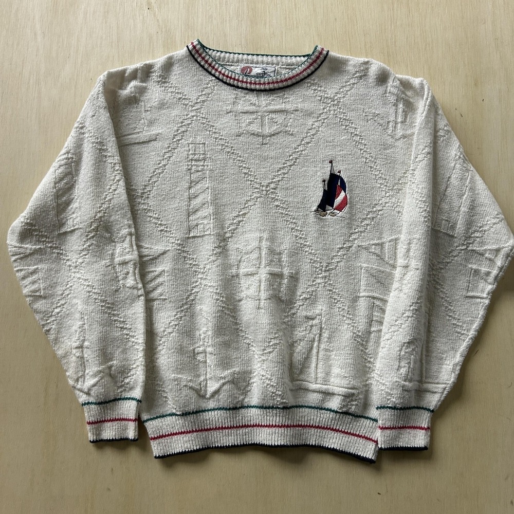 Vintage Isle Of Cotton Sweater Womens Medium White Nautical Sailboat Knit USA